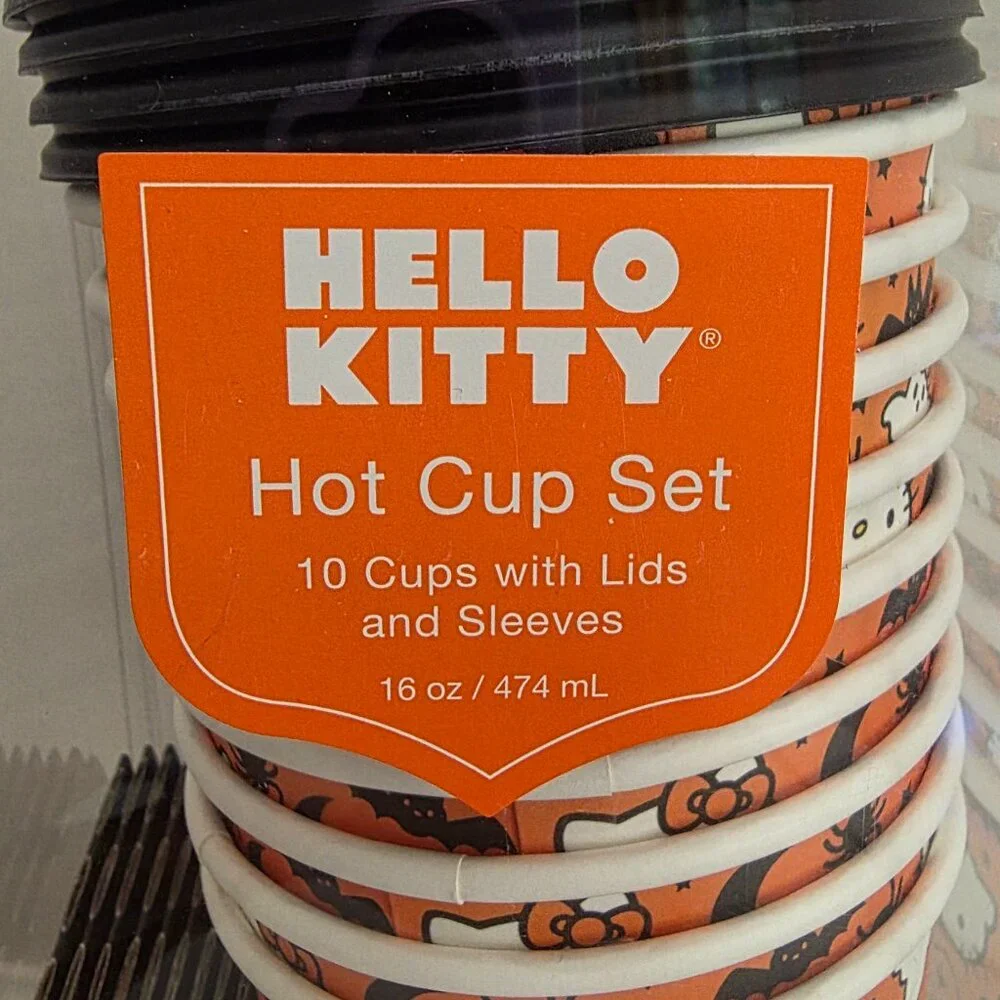 HELLO KITTY 16 oz Paper Cups w/ Lids and Sleeves | Coffee Hot Cocoa Tea | NEW